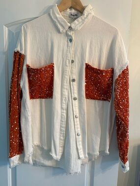 White Button-Front Shacket with Orange Crushed Velvet Sequin Pockets & Sleeves
